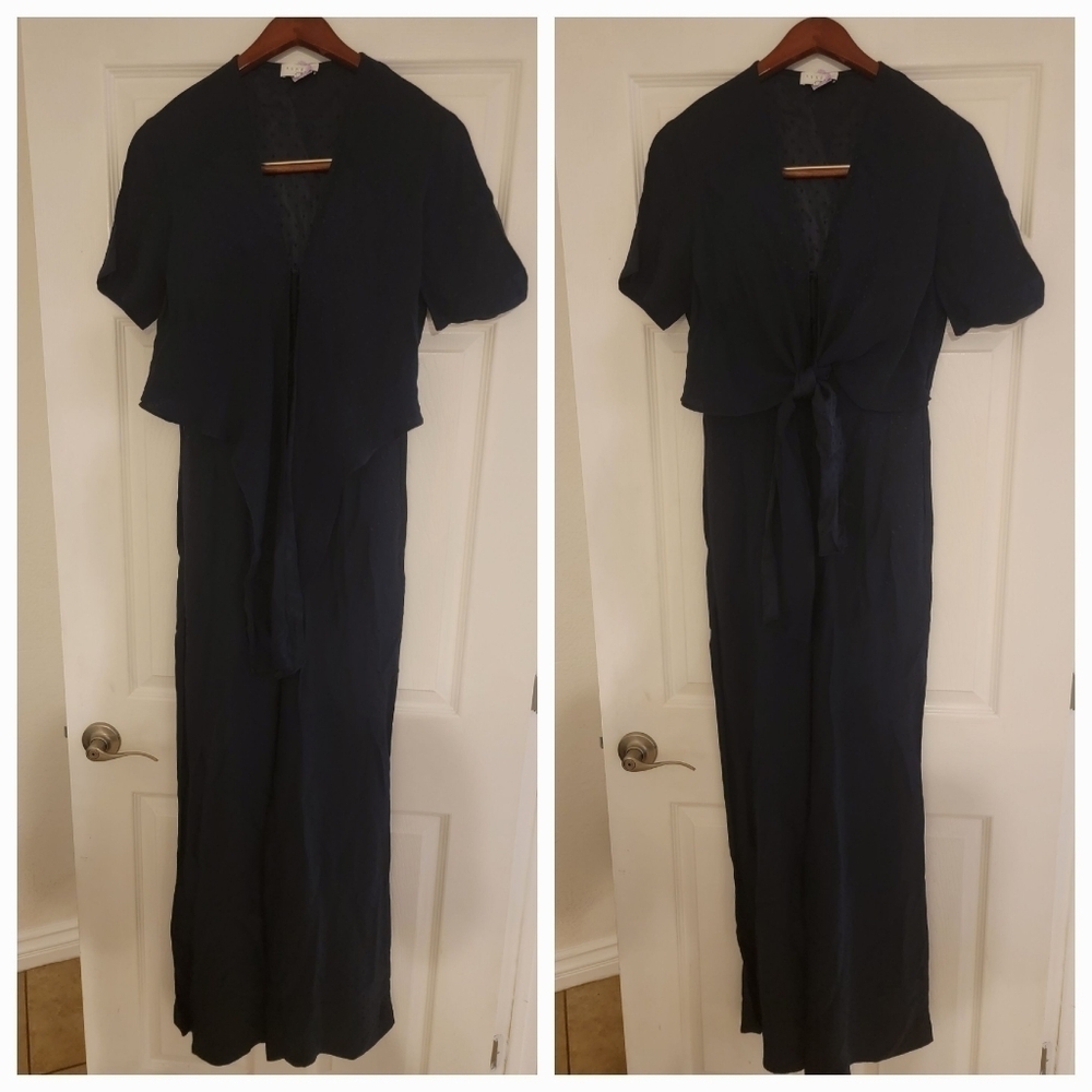 Sandro Paris Sz 34 XS Jumpsuit Bitton Front Knot Wide Straight Navy Polka Dots